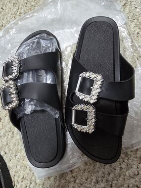 Black Crystal Buckle Slide Sandals Size 8.5-9